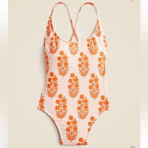 SZ Blockprints X J Crew scoopneck one-piece bathing suit 14 L Orange Multi NWT